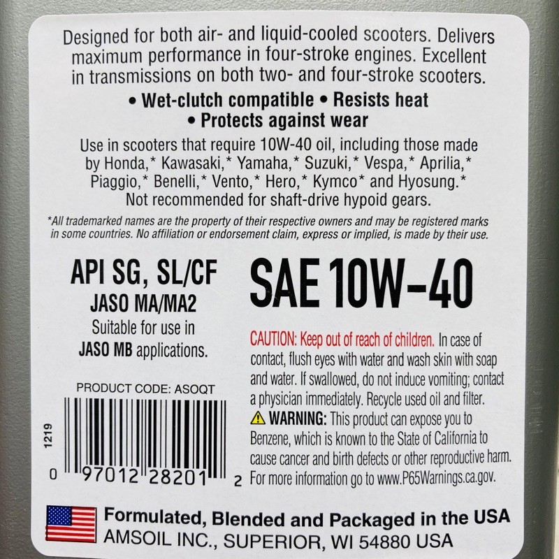 Nhớt Tổng Hợp Xe Tay Ga Amsoil Formula 4-Stroke Scooter Oil 100% Synthetic 946ML - Made in USA