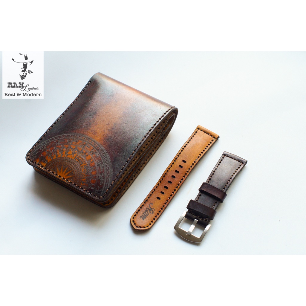 Combo Ví + Dây đồng hồ RAM Leather vintage socola da bò Italia Vegtan vintage Chính hãng RAM Leather