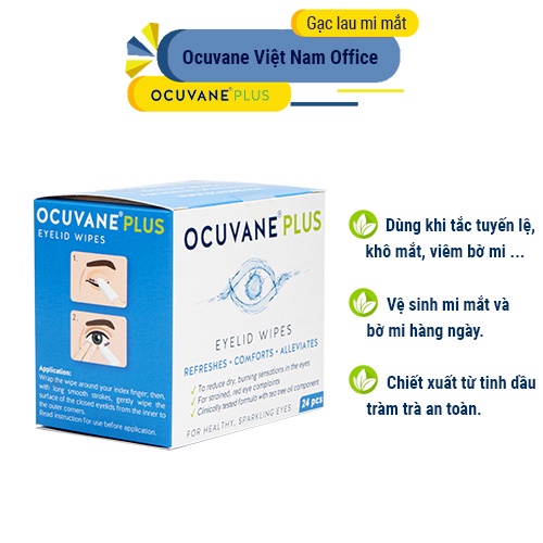 Gạc lau mi mắt Ocuvane Plus dùng cho viêm bờ mi, khô mắt, tắc tuyến lệ; vệ sinh mắt hàng ngày; chiết xuất tinh dầu trà