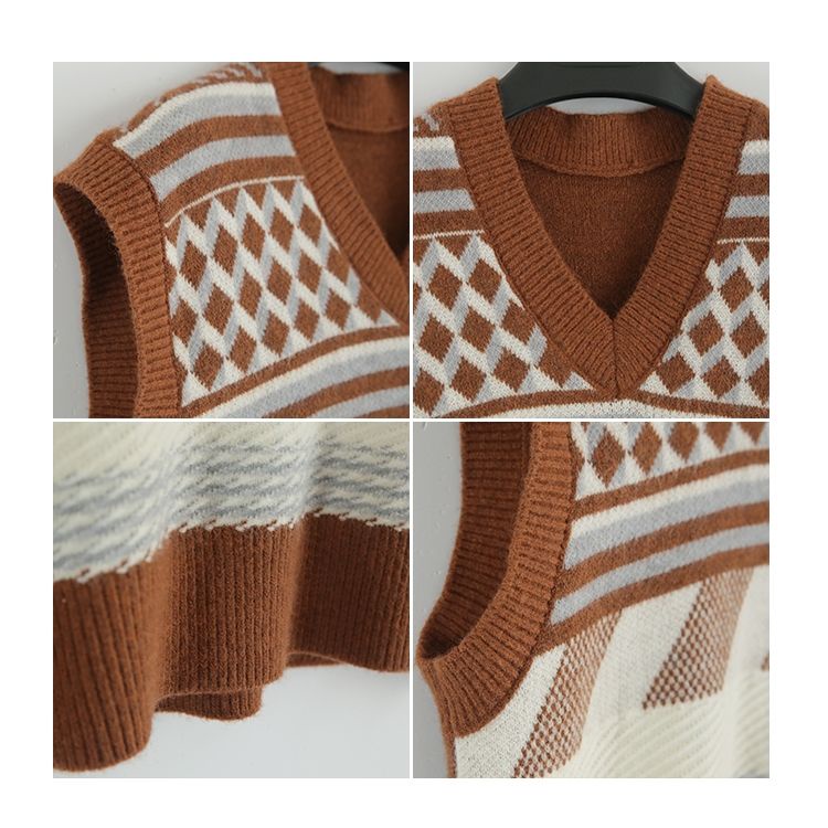 Áo len không tay dáng rộng họa tiết sọc màu tương phản cá tính thời trang