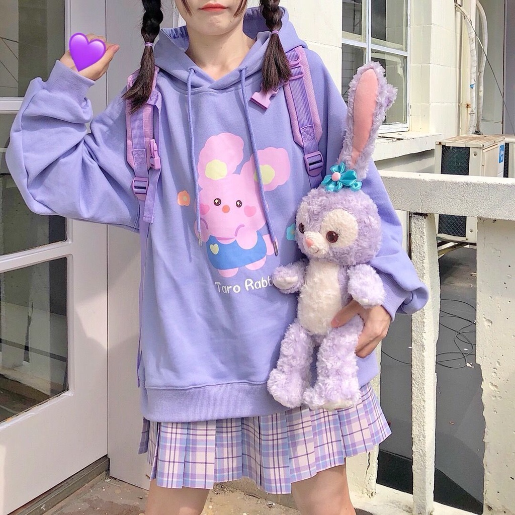 Mới Áo Hoodie Nhung Dáng Rộng In Họa Tiết Thỏ Xinh Xắn Dành Cho Nữ