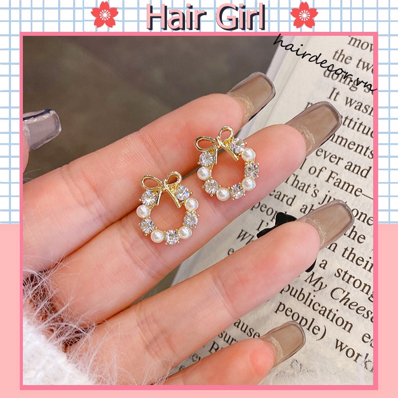 Đôi khuyên tai hình nơ phối hạt ngọc trai giả sang trọng cho nữ