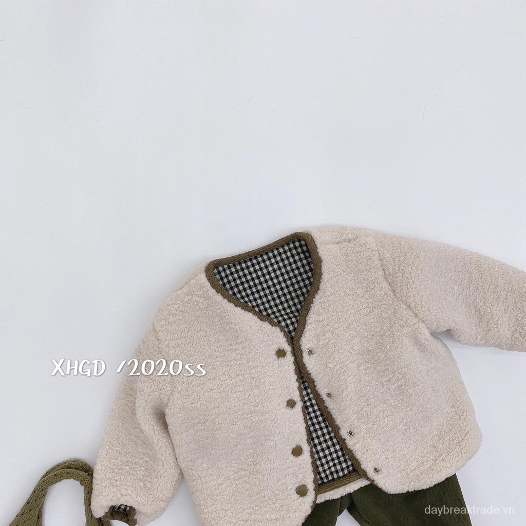 Áo khoác lông dày ấm áp mùa thu đông kẻ sọc caro phong cách Hàn Quốc cho bé trai và bé gái
