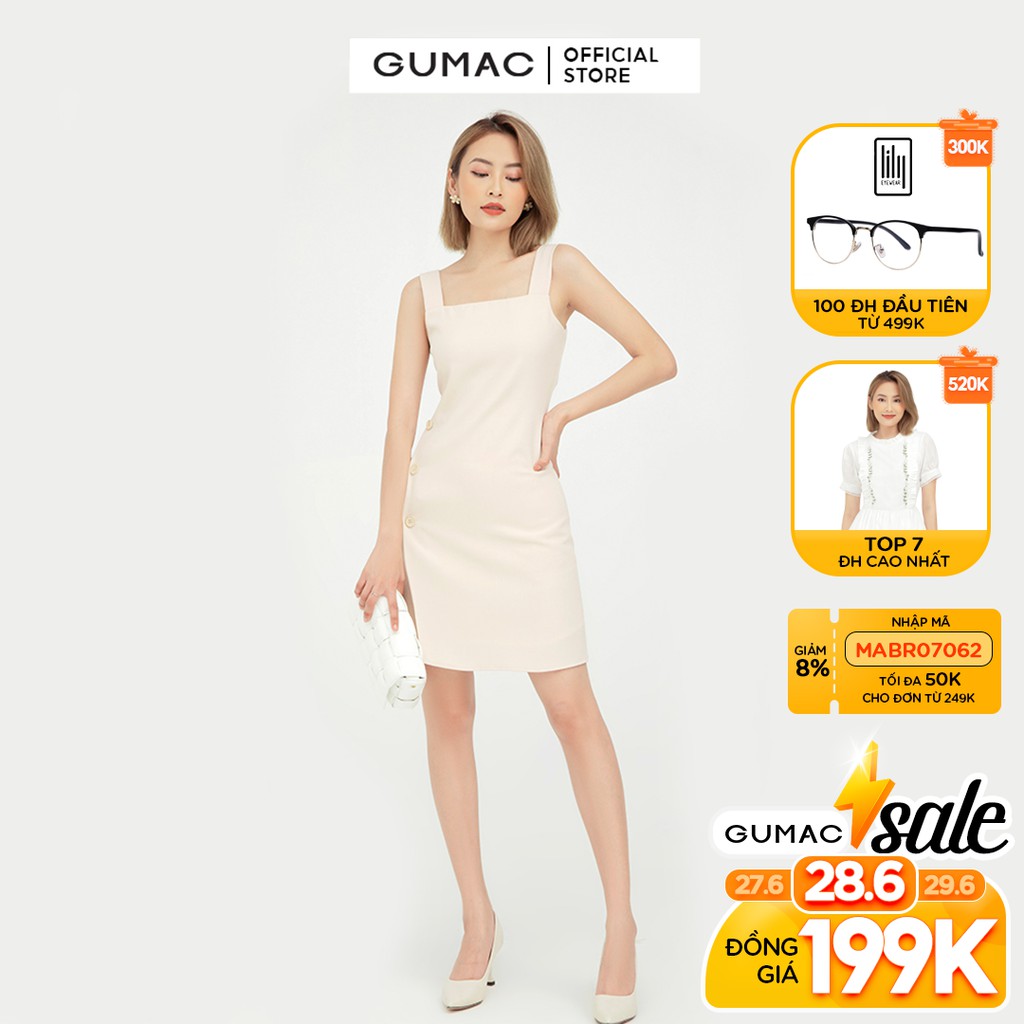 [Mã MABR07062 giảm 8% tối đa 50K đơn từ 249K] Đầm ôm nữ bản dây phối nút GUMAC màu kem ôm body quyến rũ DB5104 | BigBuy360 - bigbuy360.vn