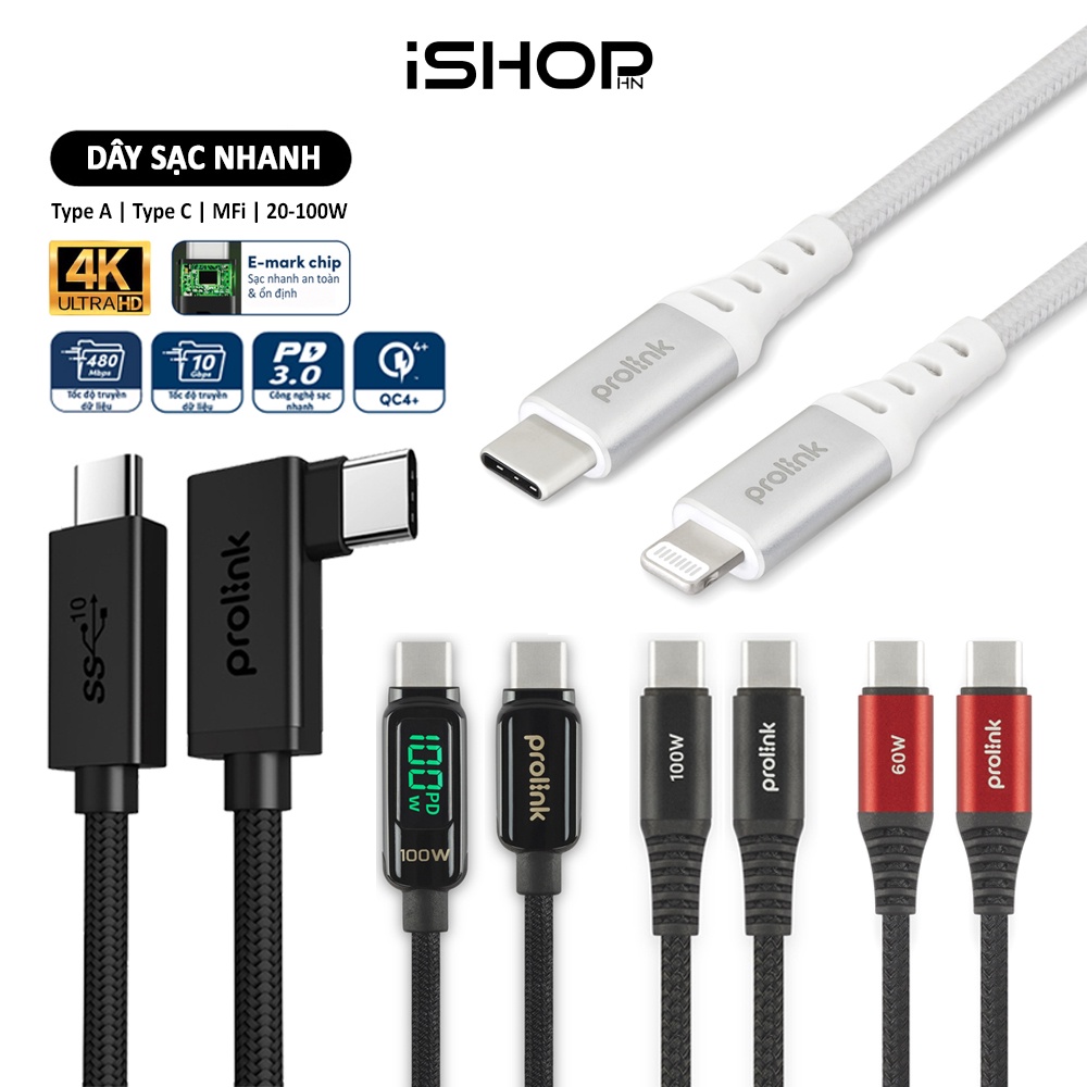 Dây sạc nhanh Prolink 30W, 40W, 60W, 100W, USB-A, USB-C, chip E-Mark - Cáp truyền dữ liệu 480Mbps, Video 4K