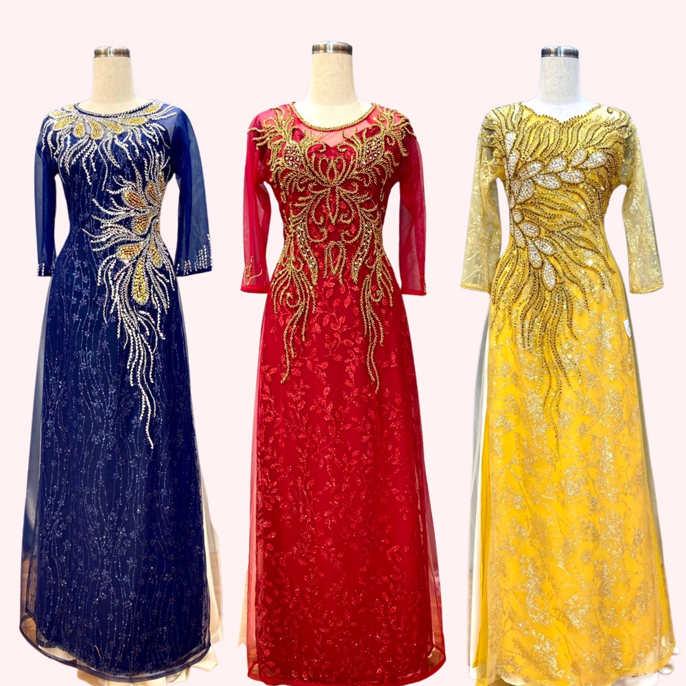 Áo Dài Bà Sui Cao Cấp Kim Sa 6 tà đính kết pha lê xịn và hạt cườm chiếc áo sáng và sang trọng cho bà sui