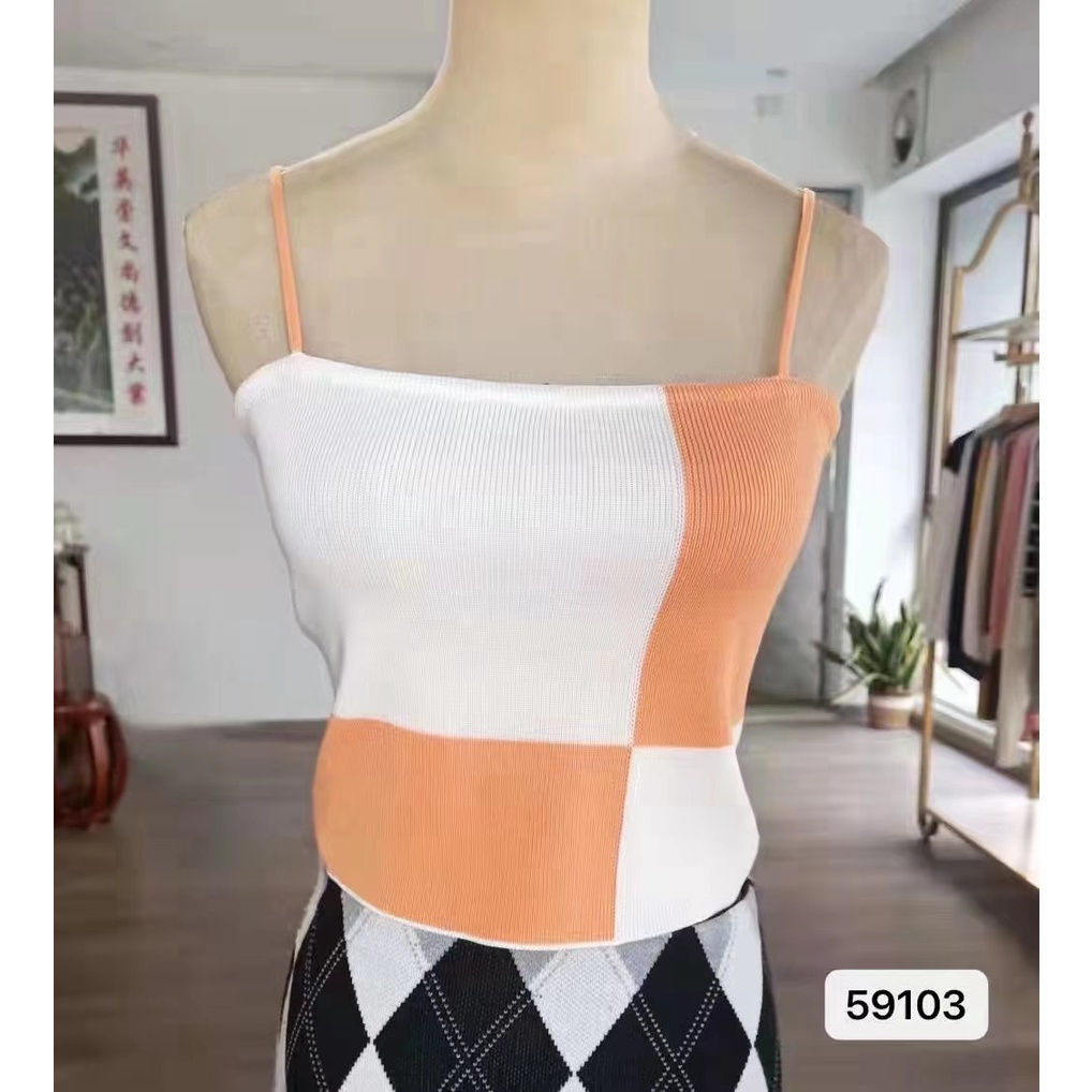 DUNEA Áo Croptop Dệt Kim Hai Dây Họa Tiết Sọc Caro Phong Cách Quyến Rũ