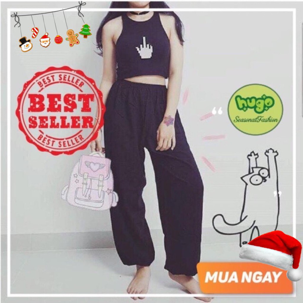 ▬✼㍿Quần Alibaba 🌈Màu đen 🌈 lanh một màu trơn phom to ống bo nam nữ 40 - 80kg
