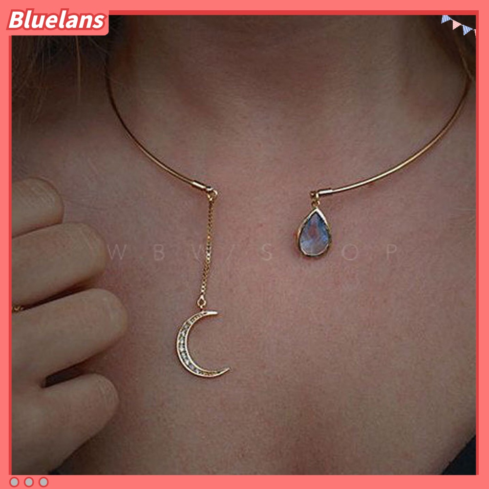 Dây chuyền dạng mở phối đá nhân tạo thời trang và mặt hình trăng khuyết cá tính cho nữ