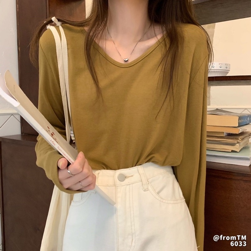 Áo thun nữ cổ tim dài tay PHUONGG, chất thun mềm mịn, form suông basic dễ phối đồ
