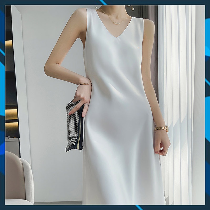 Váy Ngủ 2 dây lụa satin Đầm suông mặc ở nhà dáng dài cao cấp HT TRENDY
