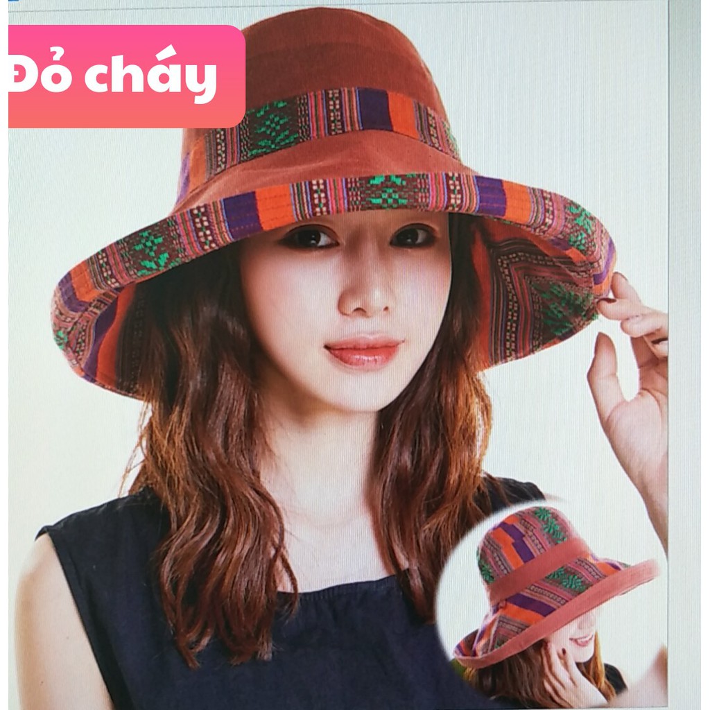 NÓN MŨ VẢI VÀNH RỘNG 2 MẶT CÓ HOA VĂN THỔ CẨM