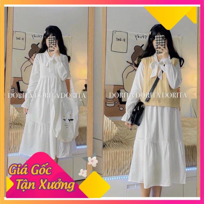 [Loại1SALE-Freeship] Váy trắng cổ nơ có lót trong❤dáng vintage trắng dáng dài❤phong cách babydoll Hàn Quốc | BigBuy360 - bigbuy360.vn