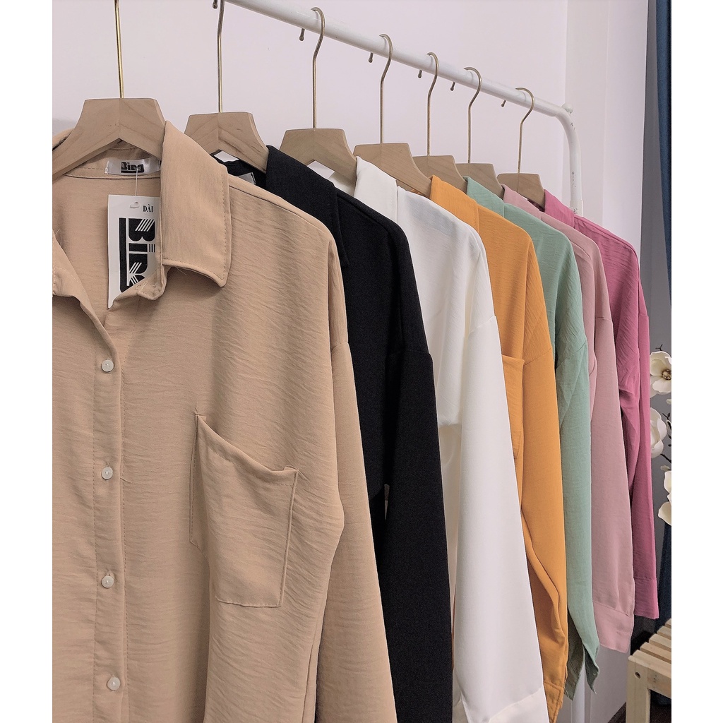 Áo sơ mi nữ dài tay basic túi ngực vải đũi nhăn nhiều màu Bingshop