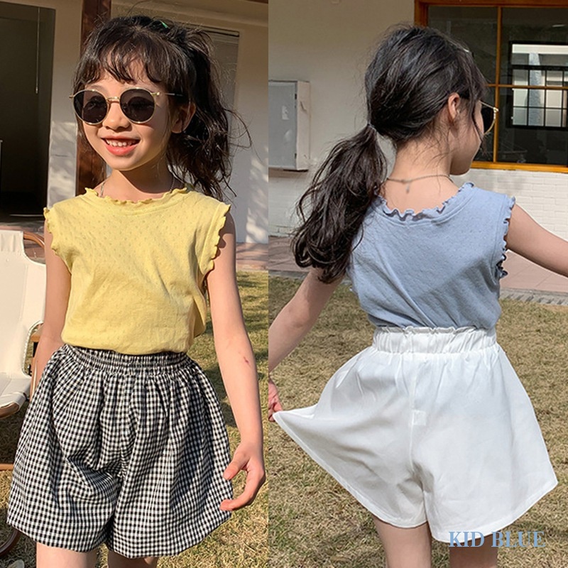 Áo Cổ Bèo Không Tay Màu Trơn Phối Ren Thời Trang Mùa Hè Hàn Quốc Cho Bé Gái