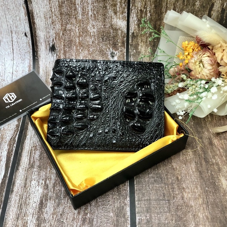 Ví Da Cá Sấu Gù Đầu 2 Mặt, Bóp Nam Da Gai Lưng Gù Đầu 2 Mặt Màu Đen, Kiếu Dáng Ngang - BH 24 Tháng