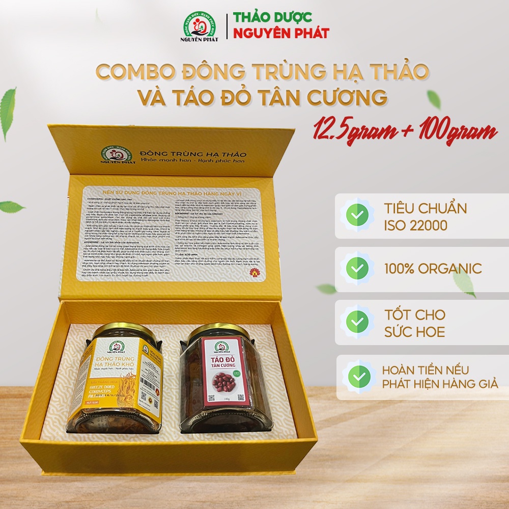 [HÀNG LOẠI 1] Combo 1 hộp đông trùng hạ thảo sấy thăng hoa Nguyên Phát 12.5gram + 1 hộp táo đỏ Tân Cương 100g