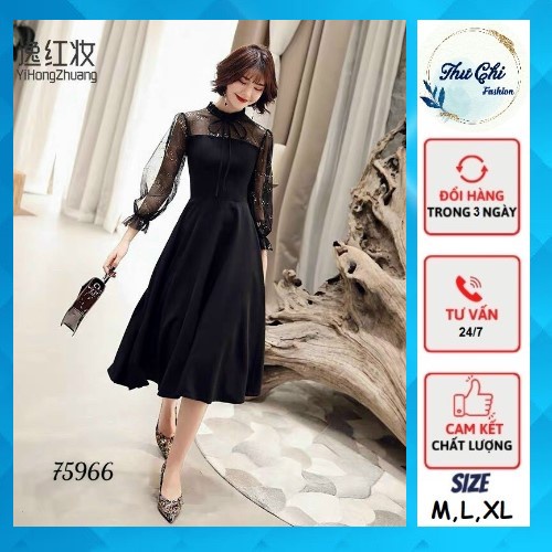 < size M, L, XL > Đầm nữ dáng xòe chất thun umi phối tay voan gắn sao kim tuyến