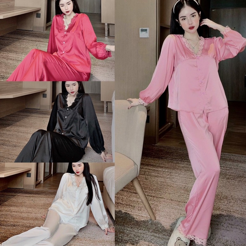 [Siêu hot] Đồ bộ pijama mặc nhà LỤA LATIN cổ V đắp ren tay dài phồng cao cấp chuẩn QCCC