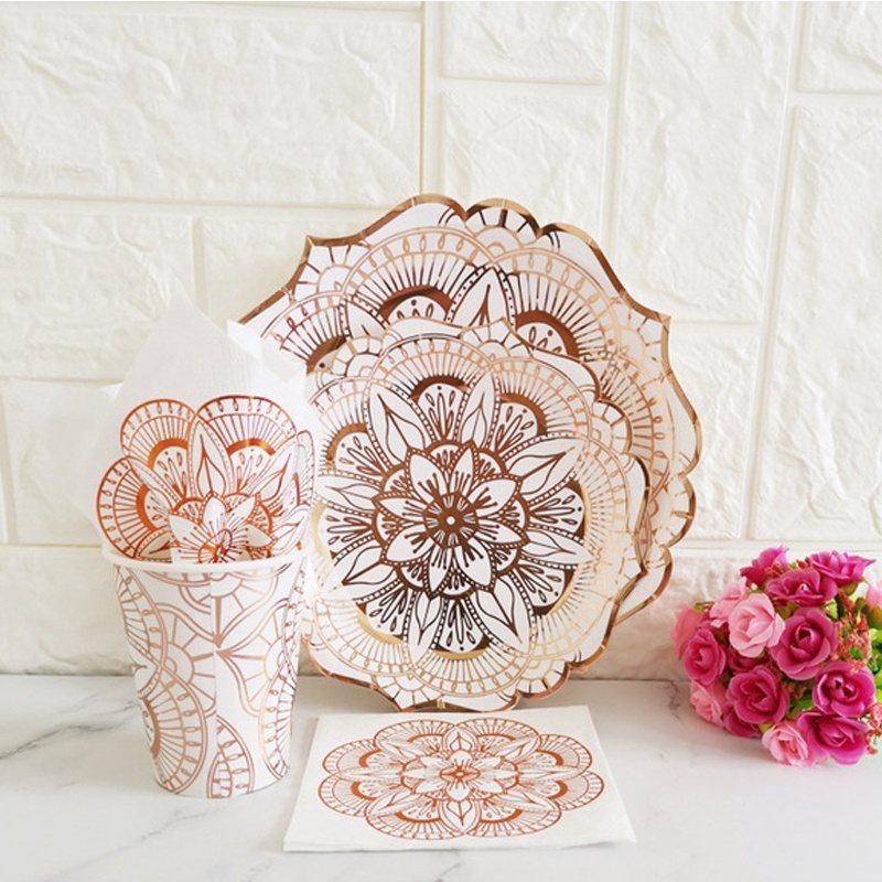 Set 40 Đĩa Giấy Dùng Một Lần Họa Tiết Hoa Hồng