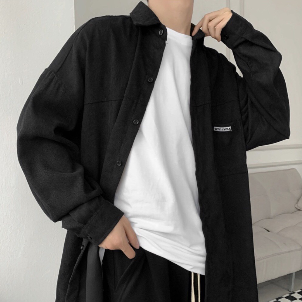 Áo sơ mi nhung unisex pocket Jiang Store - Áo khoác nhung tăm form rộng nam nữ