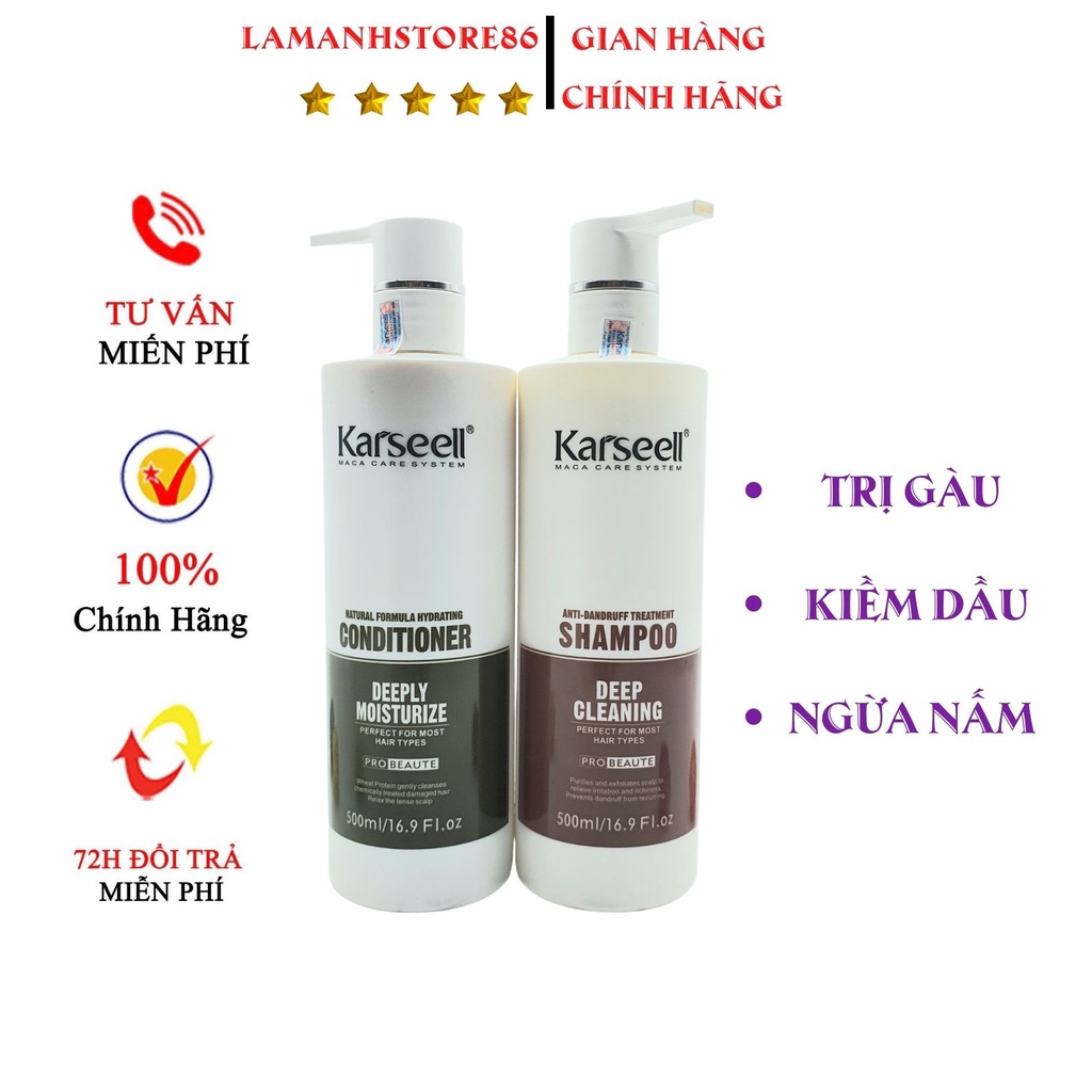 Dầu gội sạch gàu kiềm dầu ngăn gàu ngứa chống gãy rụng tóc Karseell Maca Anti Dandruff - cặp gội xả 500ml chính hãng