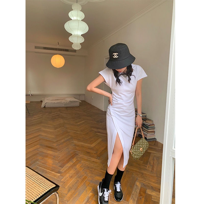 Đầm Thun Trắng Dài Xẻ Tà Nhấn Eo Thời Trang Cho Nữ