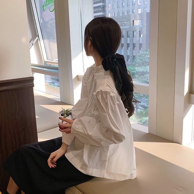 Áo sơ mi đũi dài tay cổ bèo cúc sau babydoll