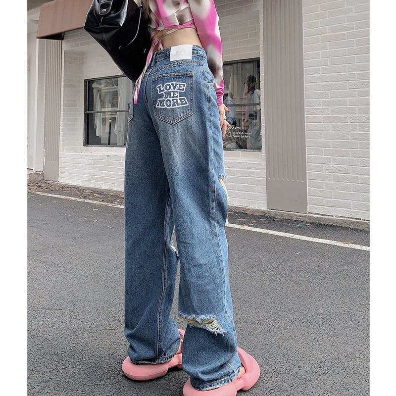 Quần Jean Nữ Ống Rộng Rách Gối Thời Trang