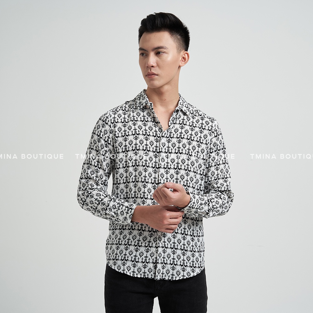 Áo sơ mi nam lụa dài tay TMINA thiết kế họa tiết trẻ trung hiện đại SM10