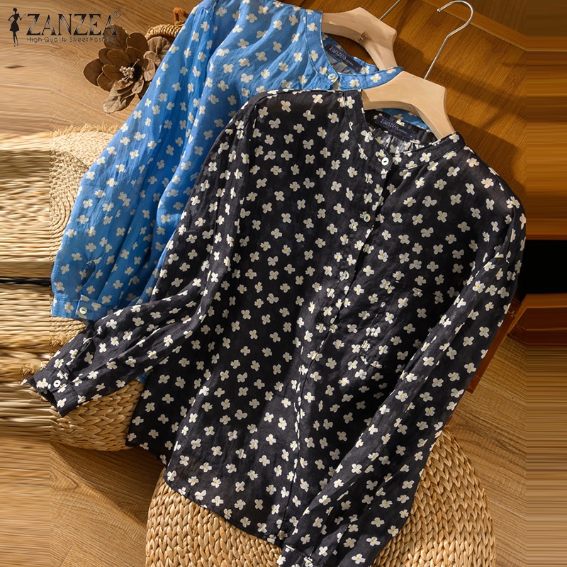 Zanzea Áo Sơ Mi Cổ Đứng Tay Dài Dáng Rộng In Họa Tiết Thời Trang Cho Nữ