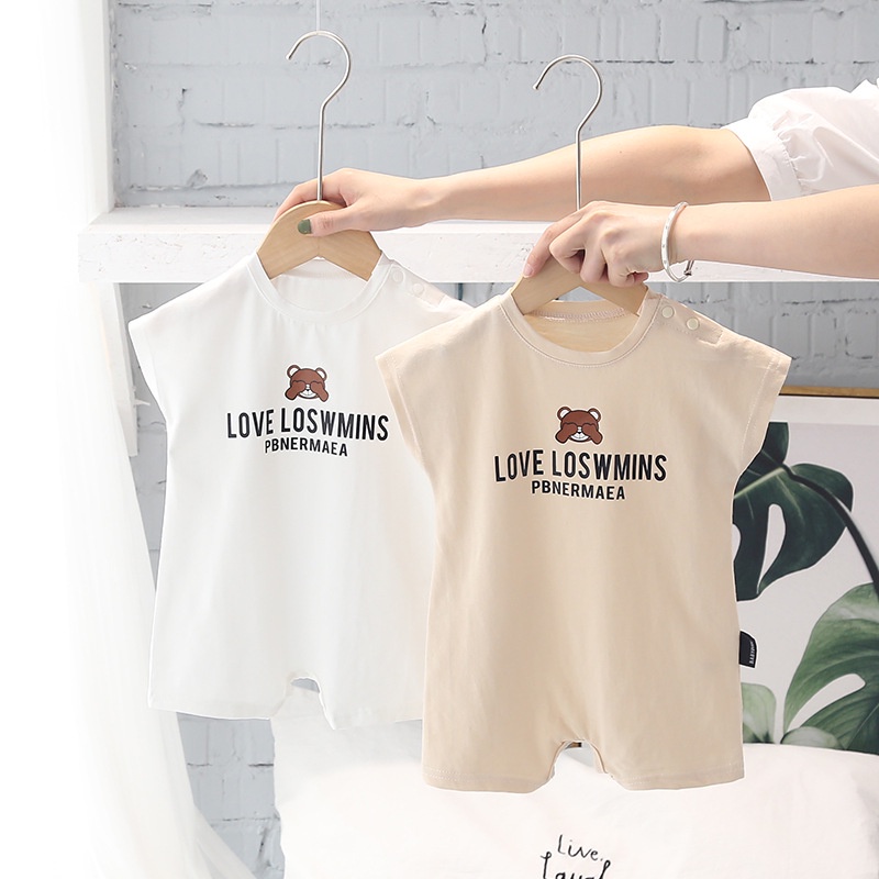 Áo Liền Quần Bằng Cotton Tay Ngắn In Chữ Và Gấu Hoạt Hình Dễ Thương Dành Cho Bé 0-2 Tuổi