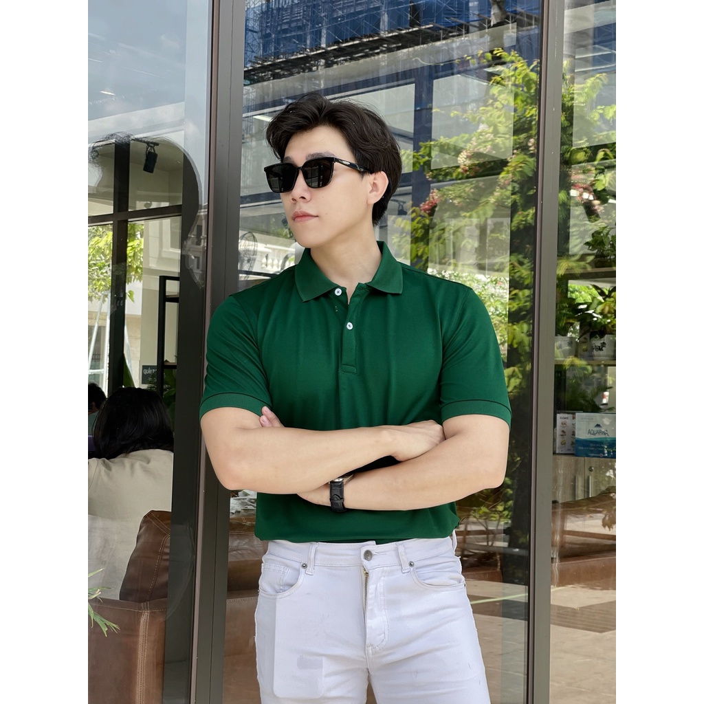 Áo thun POLO xanh trơn Basic form ôm