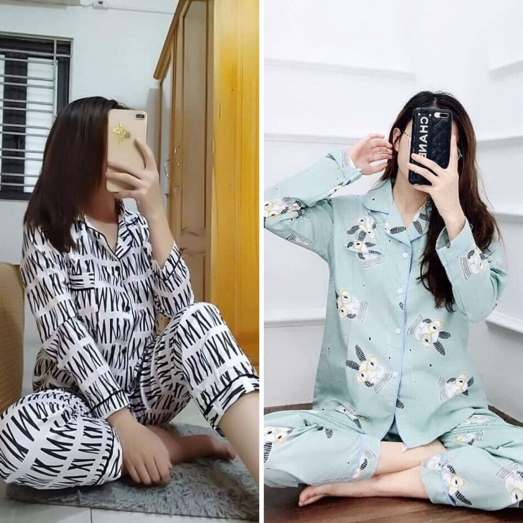 100k 2 bộ đồ ngủ nữ dài - Bộ đồ ngủ pijama nữ quần dài tai cộc chất kate thái hoạt hình dễ thương