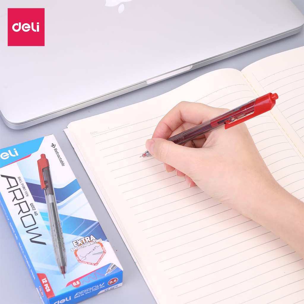 Bút bi văn phòng mực xanh đen đỏ đầu bấm ngòi 0.5mm 0.7mm Deli nét viết đều đệm tay cao su chống trượt chất lượng cao