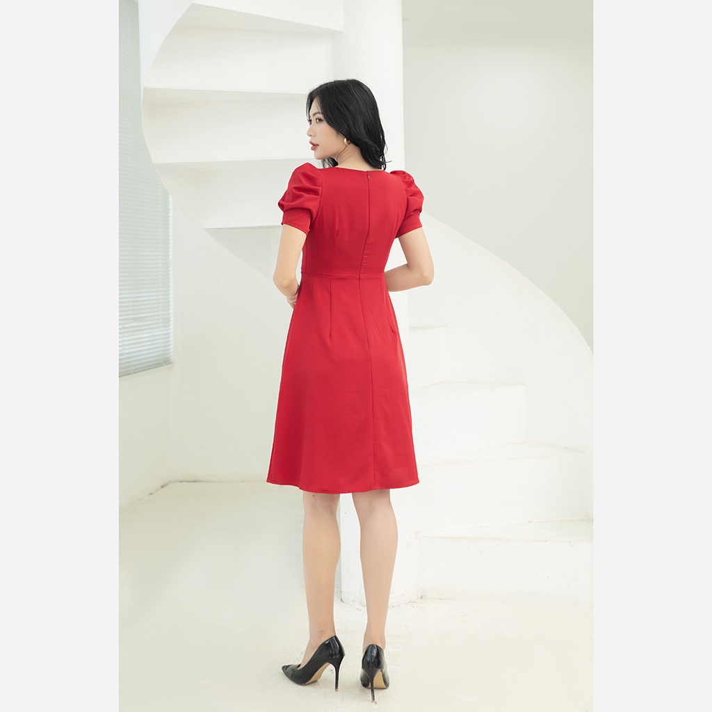 Đầm nữ công sở thiết kế 2 lớp thời trang Eden tay phồng phối nơ có túi chất liệu co giãn thoáng mát - D451
