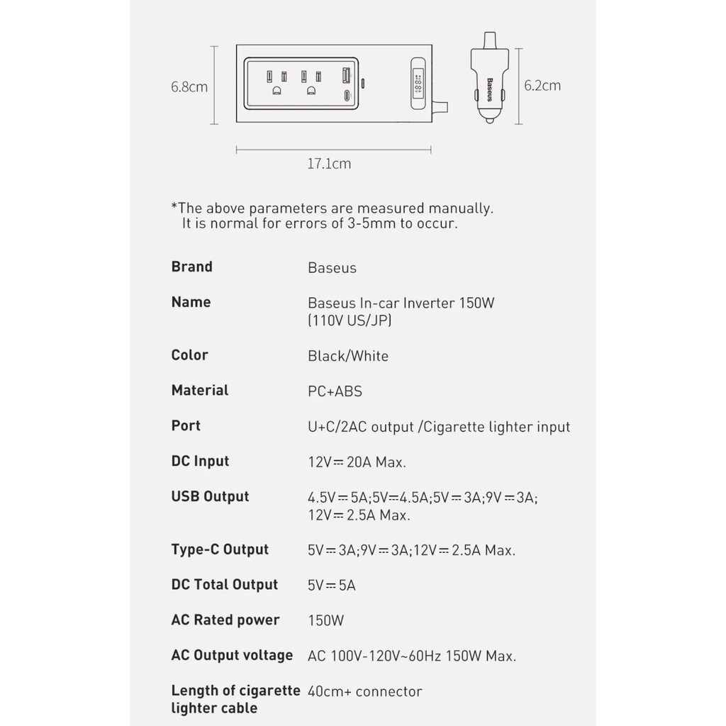 Bộ chuyển đổi nguồn điện dùng trên oto Baseus Power Inverter 150W