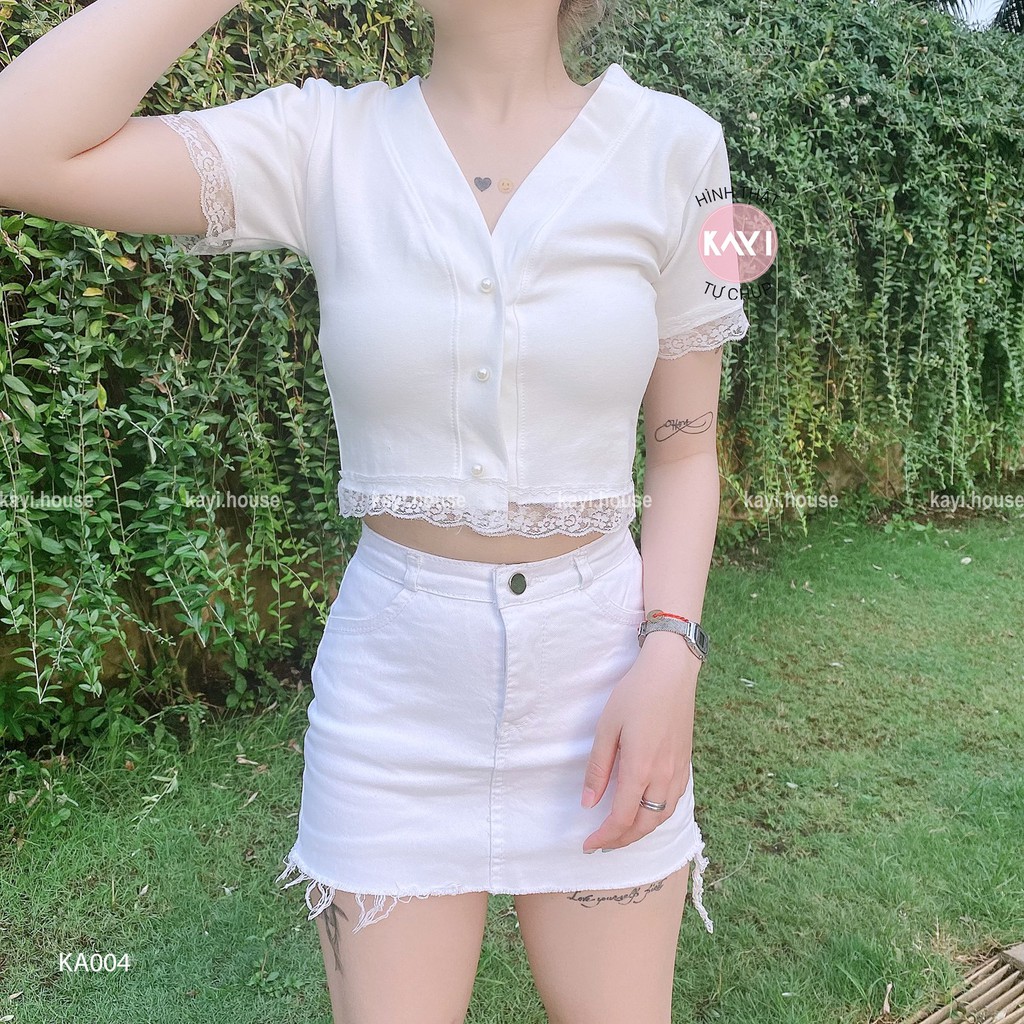Áo Croptop Viền Ren Tay Ngắn KAYI HOUSE, Cổ V Đính Cúc Ngọc TOP 1 - A004