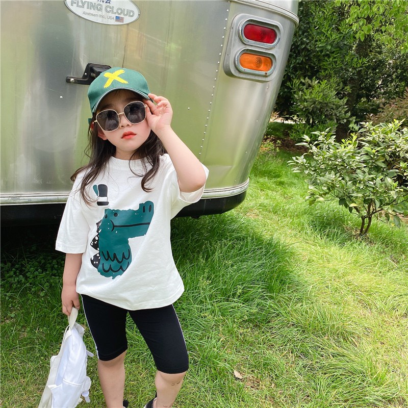 Bộ cộc tay bé gái in hình khủng long ngỗ nghĩnh, Sét áo in hình khủng long xanh Dino kèm quần legging đùi cho bé