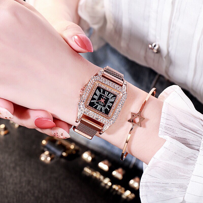 Đồng hồ thời trang nữ DZG dây lưới nam châm mặt chữ nhật đính đá cực đẹp K2740