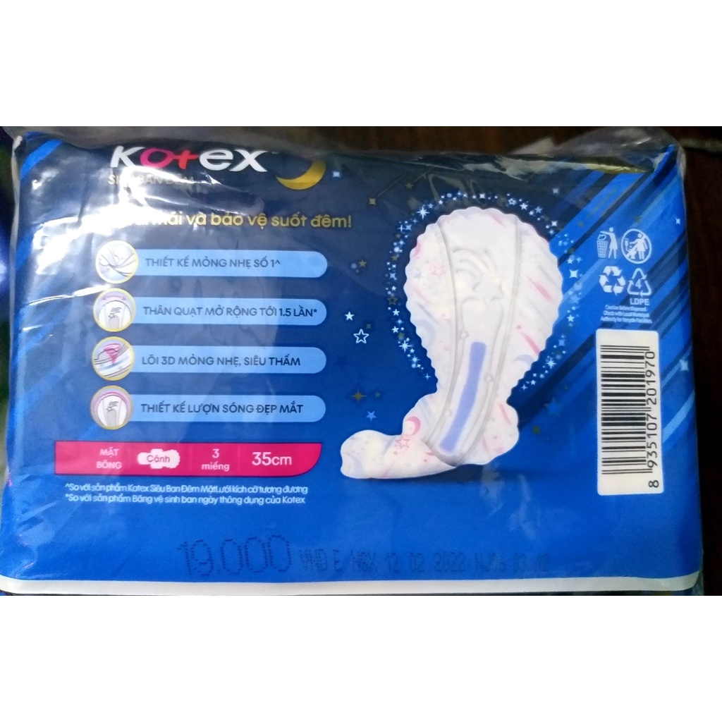 {HÀNG TẶNG-MẪU MỚI}-COMBO 8 GÓI BĂNG VỆ SINH BAN ĐÊM 35CM KOTEX, MỖI GÓI 3 MIẾNG