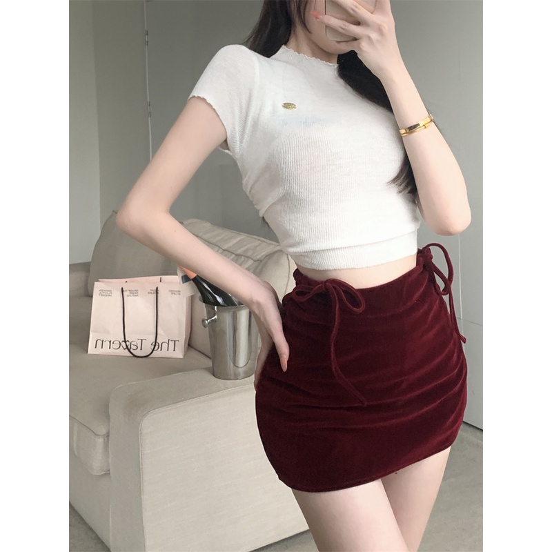 Cocory vn Áo Croptop Dệt Kim Tay Ngắn Thiết Kế Quyến Rũ 3 Màu Lựa Chọn