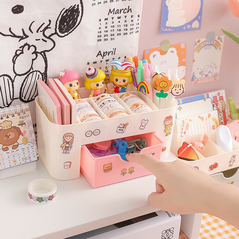 Kệ đựng mỹ phẩm để bàn mini 6 ô đựng và 1 ngăn kéo sắp xếp đồ trang điểm đồ dùng văn phòng phẩm ngăn nắp