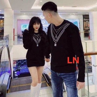 Áo dài tay nam nữ cổ in vòng cổ ổ khoá dây xích ánh gương