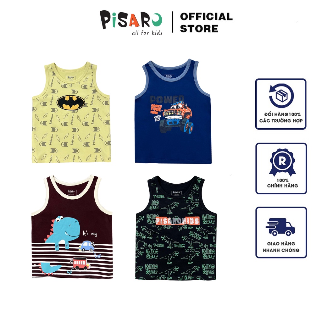 Áo ba lỗ bé trai bé gái Pisaro Kids 100% Cotton từ 0 đến 7 tuổi, áo thun ngắn tay trẻ em cao cấp co dãn mềm mịn