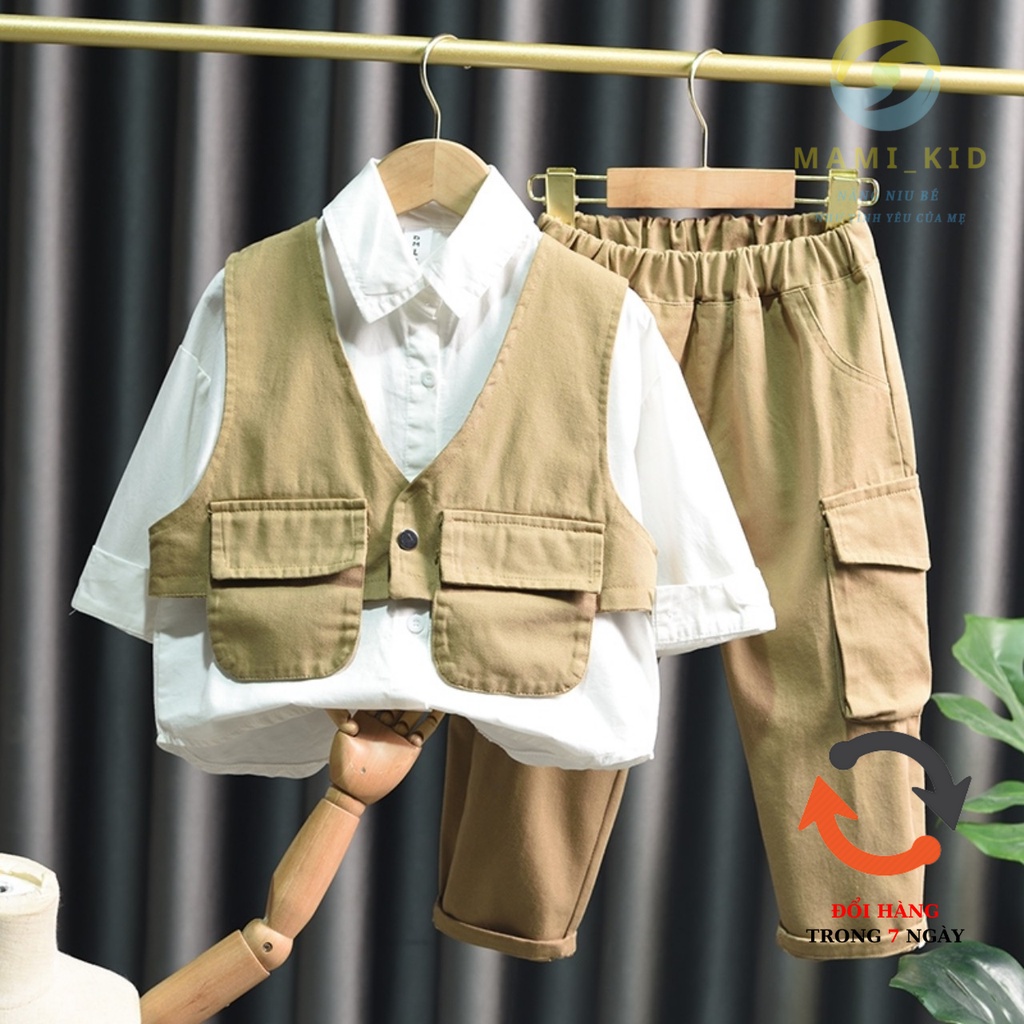 Set bộ vest bé trai 3 chi tiê(áo vest + quần+ sơ mi) hàng cao cấp, vải kaki co giãn tốt