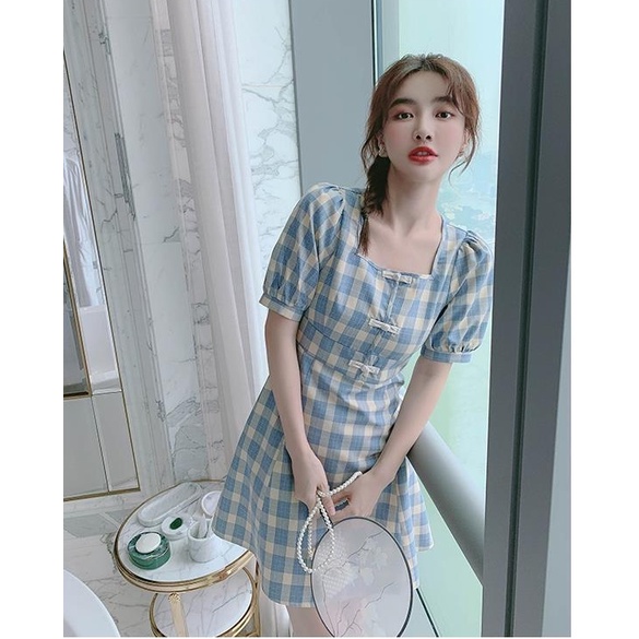 Đầm Chữ A Cổ Vuông Tay Phồng Họa Tiết Kẻ Sọc Xanh Dương Phong Cách Cổ Điển Thời Trang Cho Nữ