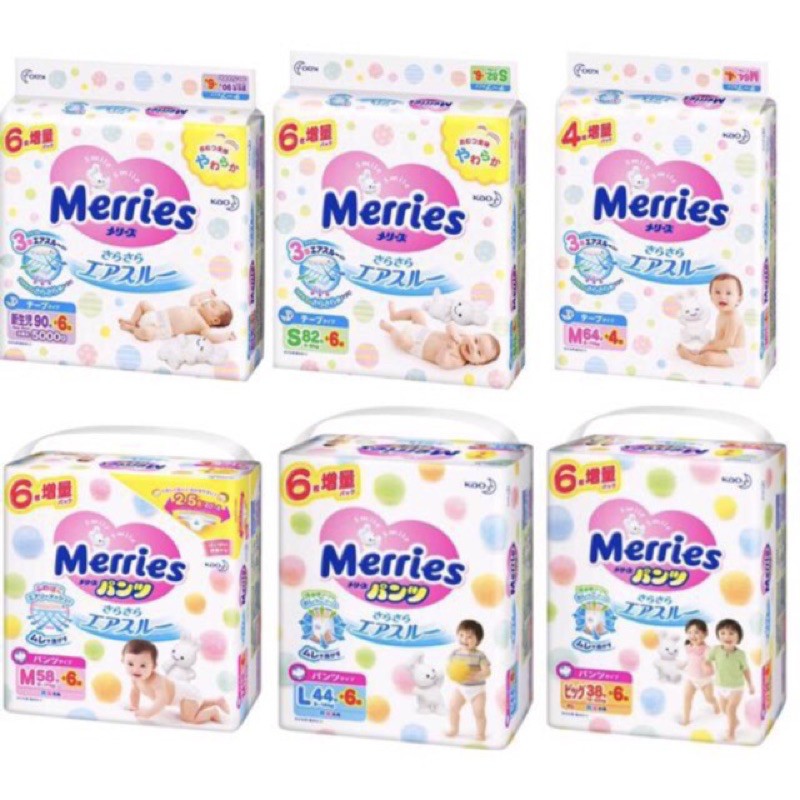 Bỉm Merries Nội Địa Nhật Dán/Quần NB96/S88/M68/L58/M64/L50/XL44/XXL26/XXL28