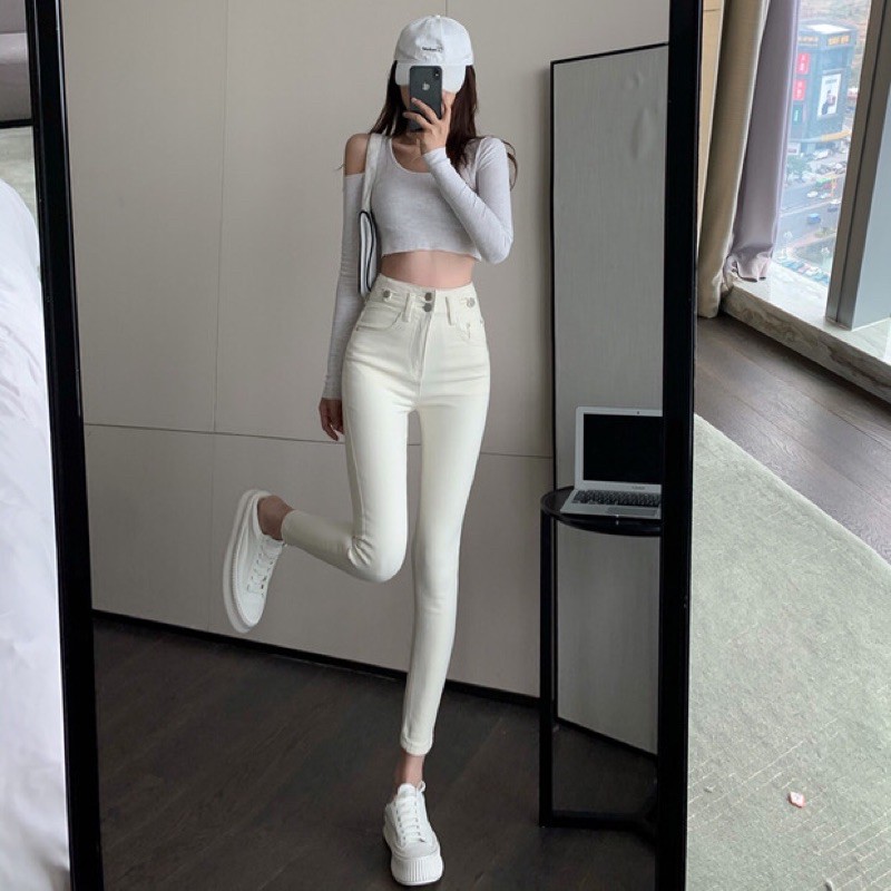 Quần jeans skiny ôm sát màu trắng kem lưng cao cho nữ