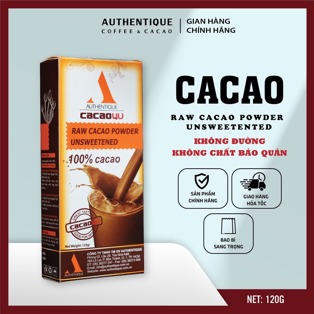 Bột Cacao Nguyên Chất Không đường 120gr - Hỗ trợ giảm cân - Tốt cho sức khỏe |Authentique Cacao